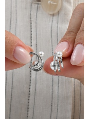 Gümüş Rodyumlu Zirkon Taşlı Modern Kavisli Inci Küpe SGTL13024RODAJ