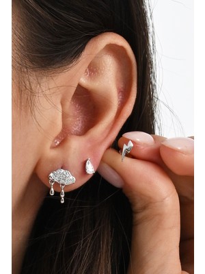 Gümüş Rodyumlu Zirkon Taşlı Bulut,damla ve Şimşekten Oluşan Yağmur Kombin Küpe SGTL13033RODAJ