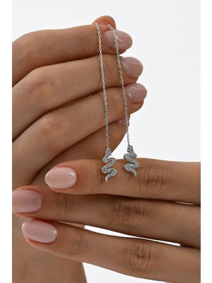 Gümüş Rodyumlu Zirkon Taşlı Yılan Figürlü Zincir Küpe SGTL13034RODAJ