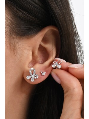 Gümüş Rodyumlu Zirkon Taşlı Incili Kelebekler Kombin Küpe  SGTL13031RODAJ