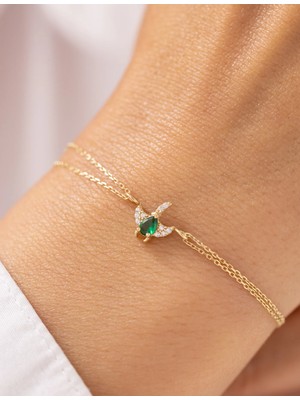 Yeşil Taşlı Zümrüt Kuşu Çift Zincirli 14 Ayar Altın Bileklik