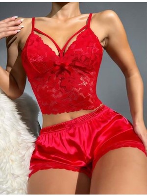 Kırmızı Dantelli Büstiyer Ince Askılı Saten Şortlu Takım
