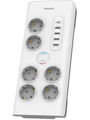 PHILIPS 6-lı SPN7060WA/62 900 Joules Akım Koruma Prizi Beyaz 4-USB/1-TYPEC