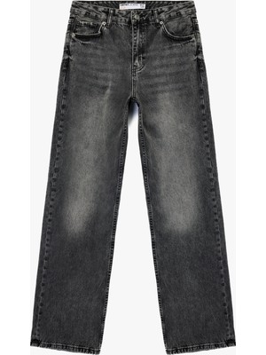 Yüksek Bel Cepli Düğmeli Düz Paça Jean Pantolon - Straight Fit Jean