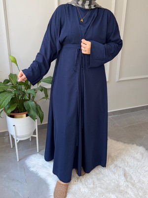 Medine Ipeği Bel Bağlamalı Tesettür Model Büyük Beden Uyumlu Abaya Kollu Fadime Model Elbise