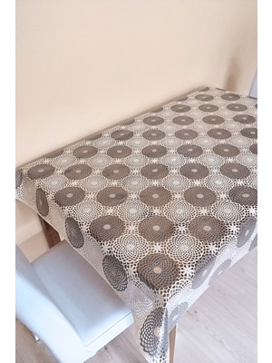 Dantel Görünümlü Üstü Şeffaf Kaplı Muşamba Masa Örtüsü -Krem Renk-Farklı Ölçülerde-Cftrnk