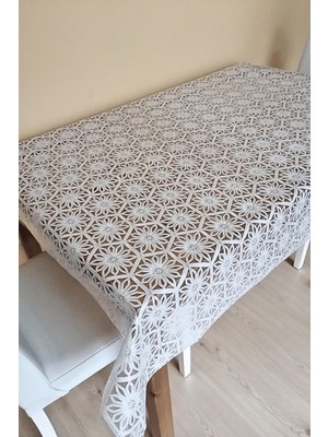 Dantel Görünümlü Üstü Şeffaf Kaplı Muşamba Masa Örtüsü -Beyaz Renk-Farklı Ölçülerde-Yldz