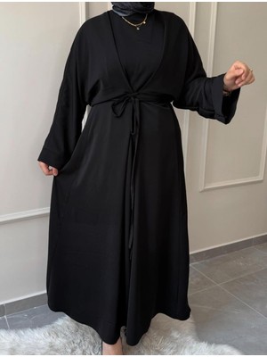 Medine Ipeği Bel Bağlamalı Tesettür Model Büyük Beden Uyumlu Abaya Kollu Fadime Model Elbise