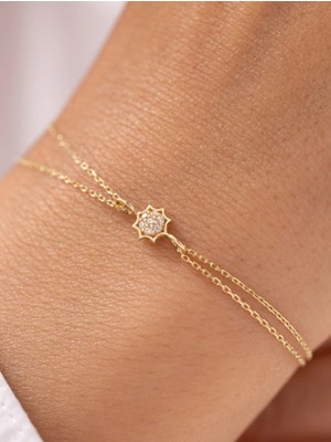 Zarif Yıldızlı Çift Zincirli 14 Ayar Altın Bileklik