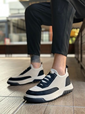 Pabucmarketi Bağcıksız Lastik Detaylı Triko Erkek Hi Sneaker Bej Siyah