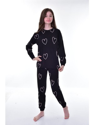 Isob Siyah Kalp Desenli %100 Pamuk Kız Çocuk Pijama Takımı 3-13 Yaş 51216-51414