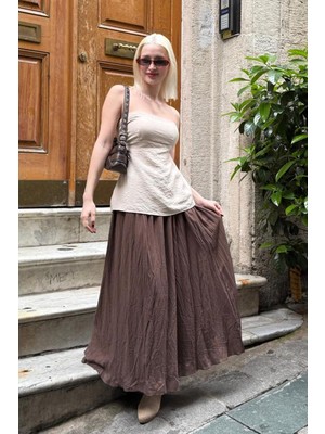 Kahverengi Vual Kumaş Basic Kadın Uzun Boy Kadın Etek MG2366