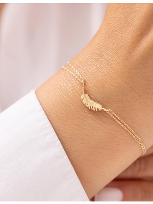 Minimal Defne Yaprağı Çift Zincirli 14 Ayar Altın Bileklik