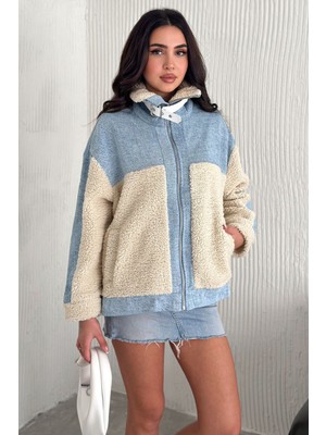 Kadın Kot Detaylı Astarlı Peluş Kürk Ceket – Yüksek Yaka & Mevsimlik Şıklık