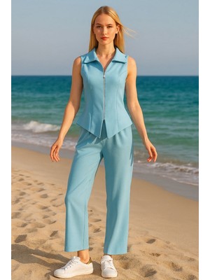Kadın Mavi Fermuarlı Kolsuz Takım – Yazlık Şık Pantolonlu Ikili Kombin
