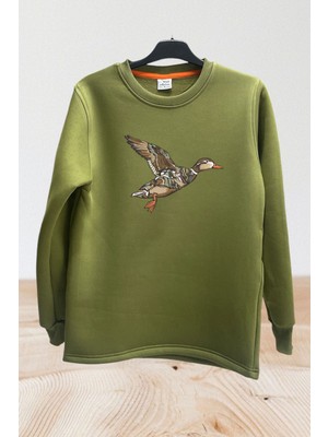 Avcılık Hunter Kamuflaj Desen Ördek Baskılı Regular Fit %100 Pamuk Bisiklet Yaka Turuncu Sweatshirt