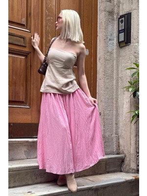 Pembe Vual Kumaş Basic Kadın Uzun Boy Kadın Etek MG2366