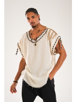 Cocopelli Erkek Bej Buldan Kumaş Etnik Detaylı Oversize T-Shirt COC1111