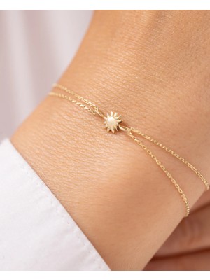 Minimal Güneş Çift Zincirli 14 Ayar Altın Bileklik