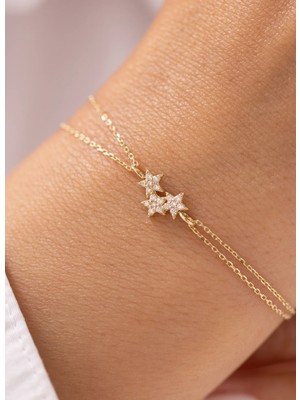 Minimal Yıldızlı Taşlı Çift Zincirli 14 Ayar Altın Bileklik