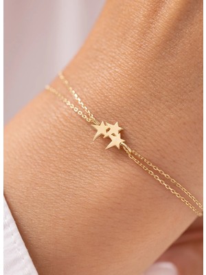 Minimal Üç Yıldızlı Çift Zincirli 14 Ayar Altın Bileklik