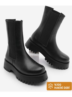 Marjin Kadın Hakiki Deri Günlük Bot Kalın Tırtıklı Taban Elastik Yan Bantlı Bukre Siyah