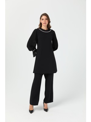 Kolları Piliseli Pantolonlu Takım  Siyah