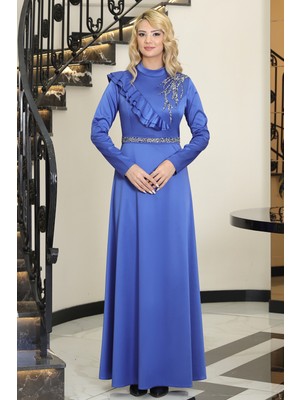 Omuz Taş Baskı Şık Saten Ada Büyük Beden Tesettür Abiye