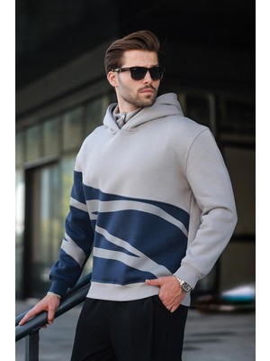 Boyalı Gri Kapüşonlu Fermuar Yaka Desenli Erkek Sweatshirt E7162