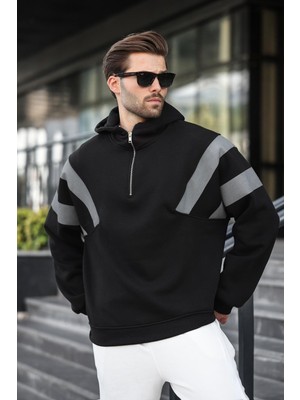 Madmext Siyah Kapüşonlu Erkek Sweatshirt Fermuarlı Yaka Kalın Tasarım Cepsiz Günlük Kullanım