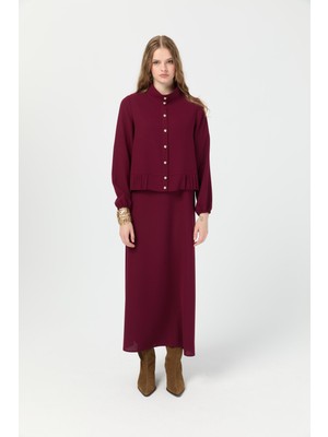 Büzgü Detaylı Elbiseli Takım  Bordo