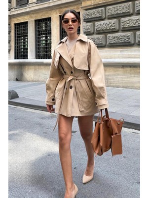 Madmext Bej Kadın Düğmeli Kruvaze Yaka Kısa Trençkot MG2509 Uzun Kol Gömlek Yaka