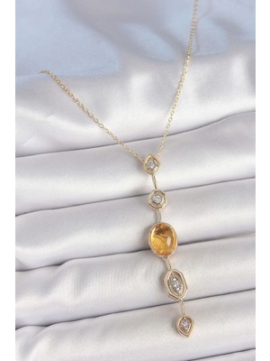 Pirinç Zincir Kehribar Sarı Gold Renk  Zirkon Taşlı Y Kolye