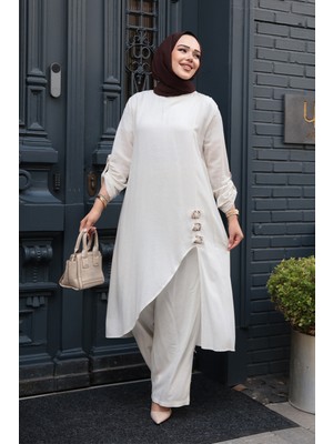 Asimetrik Detaylı Ekru Tesettür Ikili Takım 7656E
