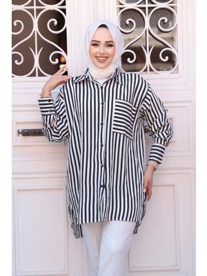 Çizgili Siyah Tesettür Gömlek 10469S