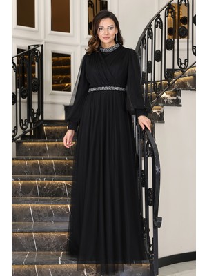 Senna Taş Detaylı Büyük Beden Şık Tesettür Abiye