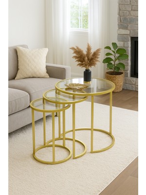 Dekopratik Alya Gold Zigon Sehpa Şeffaf Cam Üçlü Dekoratif Yan Sehpa Modern Tasarım 50 cm Derinlik
