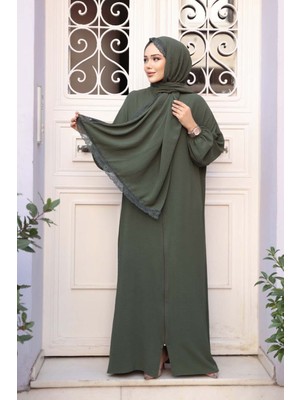 Fermuarlı Haki Tesettür Namaz Elbisesi 73271HK