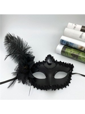 Go İthalat Siyah Mat Renk Yandan Tüylü Güllü Parti Balo Venedik Maskesi 16x22 (5250)