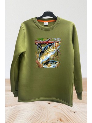 Avcılık Fishing Levrek Balıkçılığı Baskılı Balık Tutmak ve Olta Regular Fit Bisiklet Yaka Sweatshirt