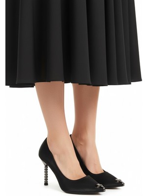 Siyah Saten Ince Taşlı Topuklu Kadın Abiye Ayakkabı 357191 Z