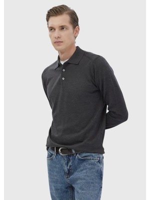 Antrasit Polo Yaka Düz Örgü Yün Karışımlı Triko Kazak