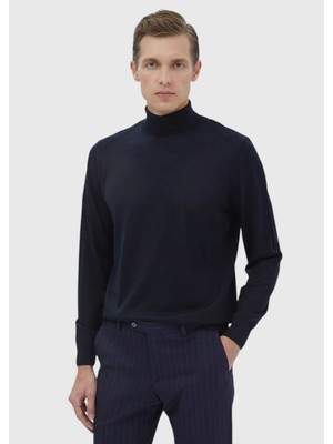 Lacivert Tam Balıkçı Yaka Düz Örgü Yün Karışımlı Triko Kazak