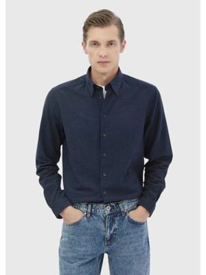 Lacivert Çizgili Casual Fit Dokuma Casual %100 Pamuk Gömlek