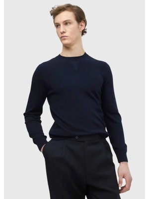 Lacivert Bisiklet Yaka Düz Örgü Yün Karışımlı Triko Kazak
