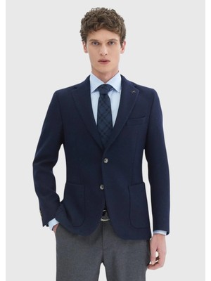 Lacivert Desenli Shirt Shoulder Slim Fit Yün Karışımlı Örme Ceket