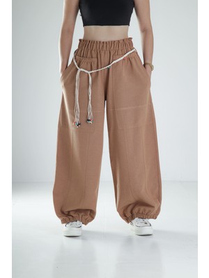 Tasarım Keten Kahverengi Baggy Pantolon