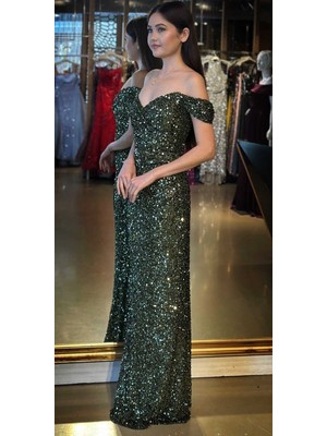 Olive Madonna Yaka Düz Kesim Payet Uzun Abiye Elbise 11085