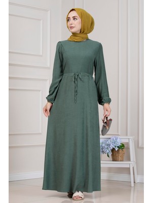 Beli Tünelli Fitilli Aslı Elbise-Yeşil