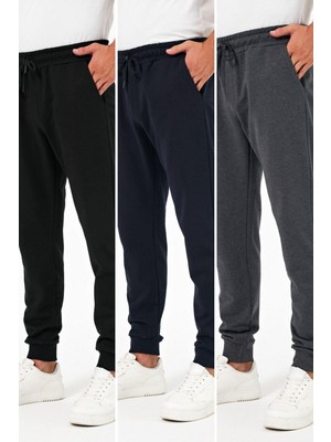 Kalın Siyah-Lacivert-Antrasit Erkek 3'lü Eşofman Altı Jogger Arka Cepli Paça Lastikli Regular Fit Şardonsuz